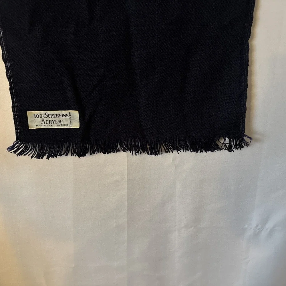 2 Vintage Made in USA Navy Blue Fringe Superfine Acrylic Checked Scarf 12x50‎